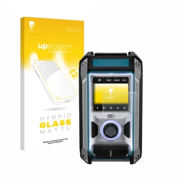 Parte frontal de un envase de producto con el logotipo de la marca upscreen. Al lado se muestra el dispositivo Makita DMR115 c