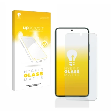 Parte frontal de un envase de producto con el logotipo de la marca upscreen. Al lado se muestra el dispositivo Samsung Galaxy 
