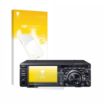 Parte frontal de un envase de producto con el logotipo de la marca upscreen. Al lado se muestra el dispositivo Yaesu FT-DX10 c