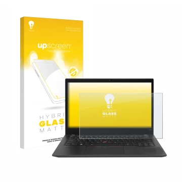 Parte frontal de un envase de producto con el logotipo de la marca upscreen. Al lado se muestra el dispositivo Lenovo ThinkPad