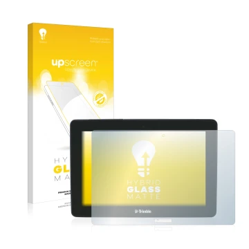 Parte frontal de un envase de producto con el logotipo de la marca upscreen. Al lado se muestra el dispositivo Trimble GFX-750