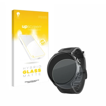 Parte frontal de un envase de producto con el logotipo de la marca upscreen. Al lado se muestra el dispositivo Kiprun 500 con 