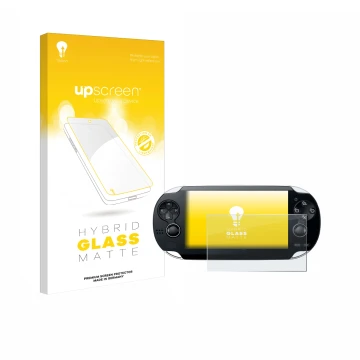 Parte frontal de un envase de producto con el logotipo de la marca upscreen. Al lado se muestra el dispositivo Sony Playstatio