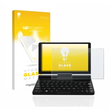 Parte frontal de un envase de producto con el logotipo de la marca upscreen. Al lado se muestra el dispositivo GPD Pocket 3 co