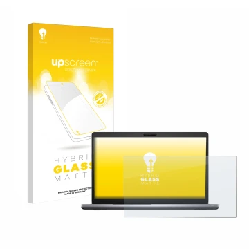 Parte frontal de un envase de producto con el logotipo de la marca upscreen. Al lado se muestra el dispositivo Dell Latitude 5