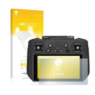 Parte frontal de un envase de producto con el logotipo de la marca upscreen. Al lado se muestra el dispositivo DJI RC Pro con 