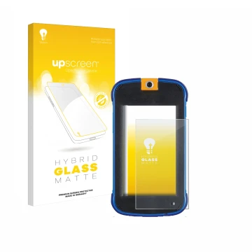 Parte frontal de un envase de producto con el logotipo de la marca upscreen. Al lado se muestra el dispositivo Vtech Kidicom M