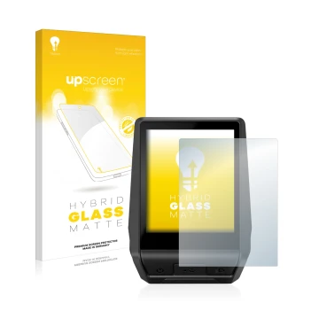 Parte frontal de un envase de producto con el logotipo de la marca upscreen. Al lado se muestra el dispositivo Bosch Nyon 2 20