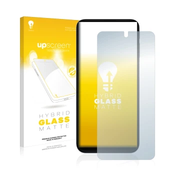 Parte frontal de un envase de producto con el logotipo de la marca upscreen. Al lado se muestra el dispositivo Motorola Moto G