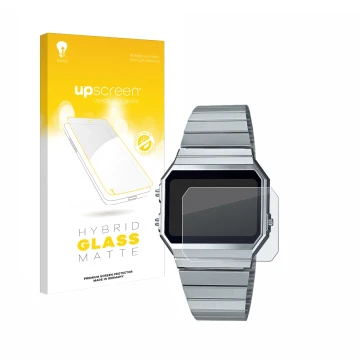 Parte frontal de un envase de producto con el logotipo de la marca upscreen. Al lado se muestra el dispositivo Casio A700WE co