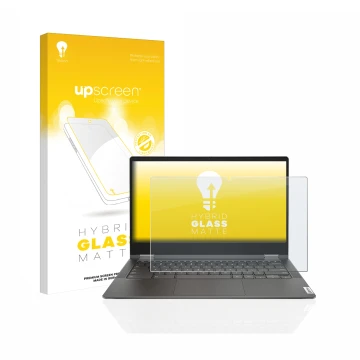 Parte frontal de un envase de producto con el logotipo de la marca upscreen. Al lado se muestra el dispositivo Lenovo IdeaPad 