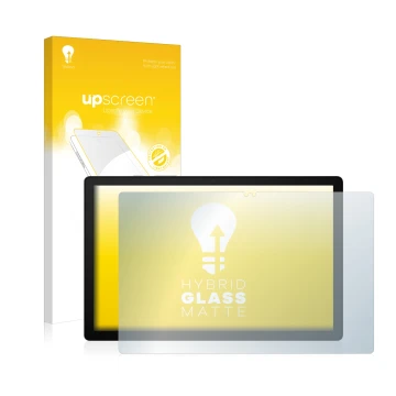 Parte frontal de un envase de producto con el logotipo de la marca upscreen. Al lado se muestra el dispositivo Samsung Galaxy 