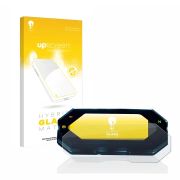 Parte frontal de un envase de producto con el logotipo de la marca upscreen. Al lado se muestra el dispositivo Yamaha MT-07 20