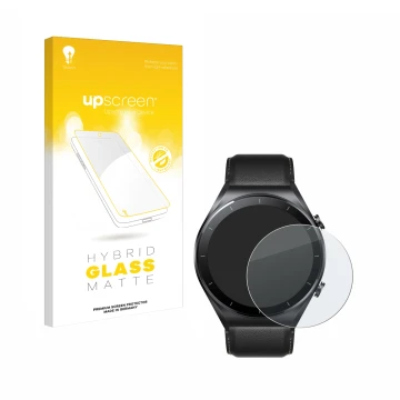 Parte frontal de un envase de producto con el logotipo de la marca upscreen. Al lado se muestra el dispositivo Xiaomi Watch S1