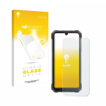 Parte frontal de un envase de producto con el logotipo de la marca upscreen. Al lado se muestra el dispositivo Blackview BV880