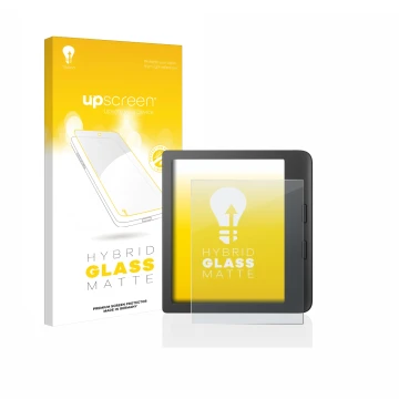 Parte frontal de un envase de producto con el logotipo de la marca upscreen. Al lado se muestra el dispositivo Tolino Vision 6