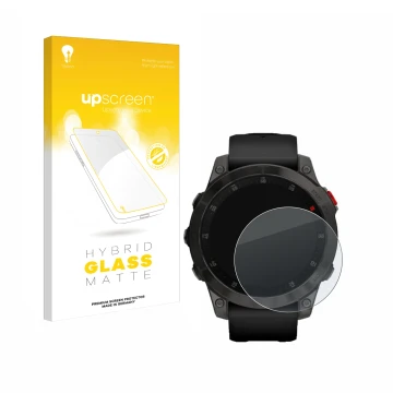 Parte frontal de un envase de producto con el logotipo de la marca upscreen. Al lado se muestra el dispositivo Garmin epix (Ge