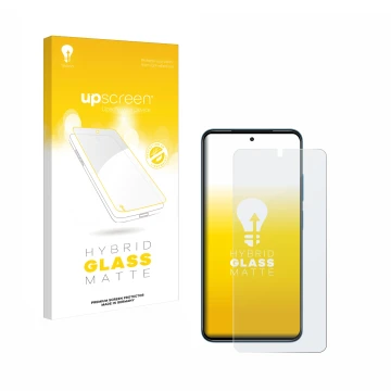 Parte frontal de un envase de producto con el logotipo de la marca upscreen. Al lado se muestra el dispositivo Xiaomi Redmi No