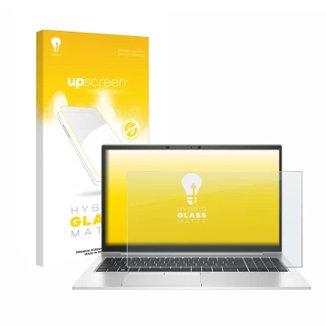 Parte frontal de un envase de producto con el logotipo de la marca upscreen. Al lado se muestra el dispositivo HP EliteBook 85
