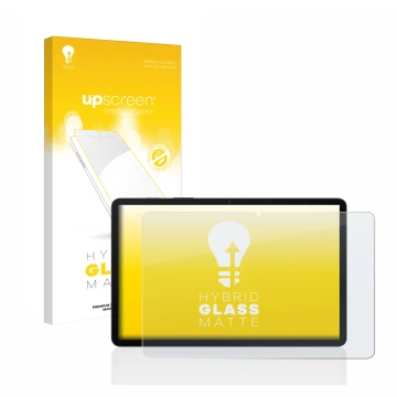 Parte frontal de un envase de producto con el logotipo de la marca upscreen. Al lado se muestra el dispositivo Samsung Galaxy 