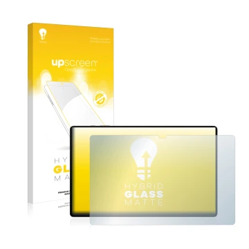 Parte frontal de un envase de producto con el logotipo de la marca upscreen. Al lado se muestra el dispositivo Samsung Galaxy 