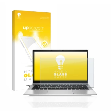 Parte frontal de un envase de producto con el logotipo de la marca upscreen. Al lado se muestra el dispositivo HP EliteBook 83