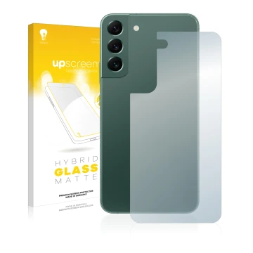 Parte frontal de un envase de producto con el logotipo de la marca upscreen. Al lado se muestra el dispositivo Samsung Galaxy 