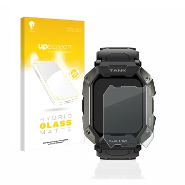 Parte frontal de un envase de producto con el logotipo de la marca upscreen. Al lado se muestra el dispositivo Kospet Tank M1 