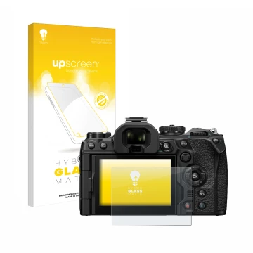 Parte frontal de un envase de producto con el logotipo de la marca upscreen. Al lado se muestra el dispositivo Olympus OM-1 20