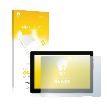 Parte frontal de un envase de producto con el logotipo de la marca upscreen. Al lado se muestra el dispositivo MEDION Lifetab 