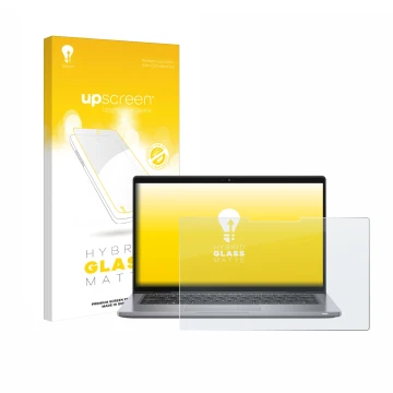 Parte frontal de un envase de producto con el logotipo de la marca upscreen. Al lado se muestra el dispositivo Dell Latitude 7