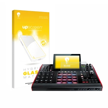 Parte frontal de un envase de producto con el logotipo de la marca upscreen. Al lado se muestra el dispositivo Akai MPC X 10.1