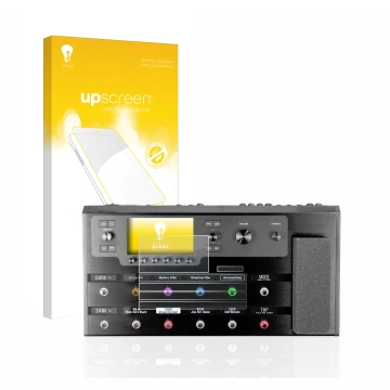 Parte frontal de un envase de producto con el logotipo de la marca upscreen. Al lado se muestra el dispositivo Line 6 Helix Fl