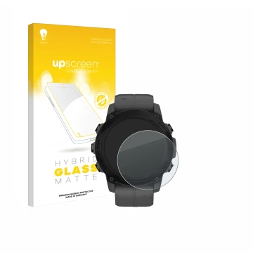 Parte frontal de un envase de producto con el logotipo de la marca upscreen. Al lado se muestra el dispositivo Garmin Descent 