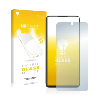 Parte frontal de un envase de producto con el logotipo de la marca upscreen. Al lado se muestra el dispositivo Xiaomi Poco X4 