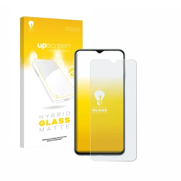Parte frontal de un envase de producto con el logotipo de la marca upscreen. Al lado se muestra el dispositivo Samsung Galaxy 