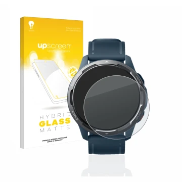 Parte frontal de un envase de producto con el logotipo de la marca upscreen. Al lado se muestra el dispositivo Xiaomi Watch S1