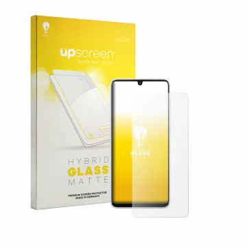 Parte frontal de un envase de producto con el logotipo de la marca upscreen. Al lado se muestra el dispositivo Samsung Galaxy 