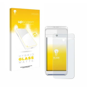 Parte frontal de un envase de producto con el logotipo de la marca upscreen. Al lado se muestra el dispositivo Pax A920 con su