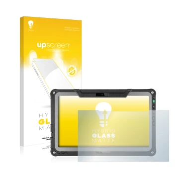 Parte frontal de un envase de producto con el logotipo de la marca upscreen. Al lado se muestra el dispositivo Getac F110 G6 c