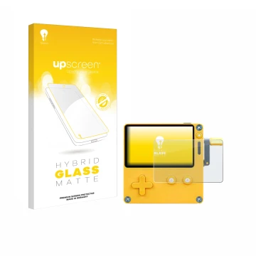 Parte frontal de un envase de producto con el logotipo de la marca upscreen. Al lado se muestra el dispositivo Panic Playdate 