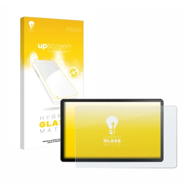 Parte frontal de un envase de producto con el logotipo de la marca upscreen. Al lado se muestra el dispositivo Lenovo Tab M10 