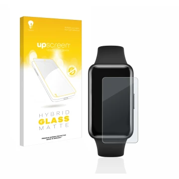 Parte frontal de un envase de producto con el logotipo de la marca upscreen. Al lado se muestra el dispositivo Huawei Band 7 c