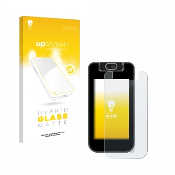 Parte frontal de un envase de producto con el logotipo de la marca upscreen. Al lado se muestra el dispositivo Vtech KidiBuzz 