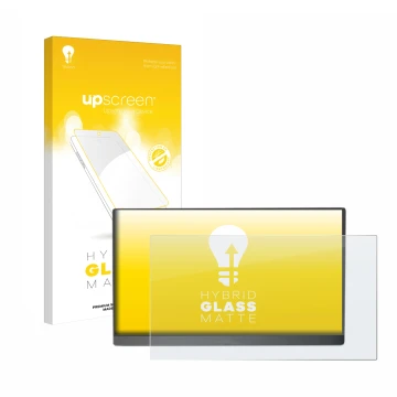 Parte frontal de un envase de producto con el logotipo de la marca upscreen. Al lado se muestra el dispositivo Arzopa 15.6