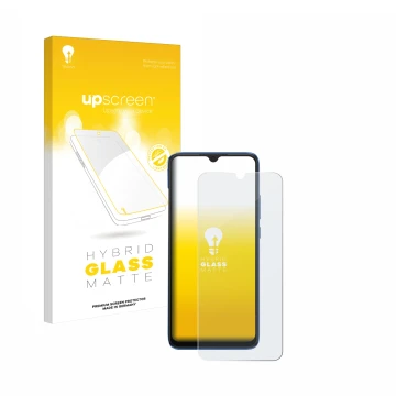 Parte frontal de un envase de producto con el logotipo de la marca upscreen. Al lado se muestra el dispositivo Xiaomi Redmi 10