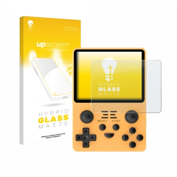 Parte frontal de un envase de producto con el logotipo de la marca upscreen. Al lado se muestra el dispositivo Powkiddy RGB20S