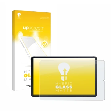 Parte frontal de un envase de producto con el logotipo de la marca upscreen. Al lado se muestra el dispositivo Samsung Galaxy 