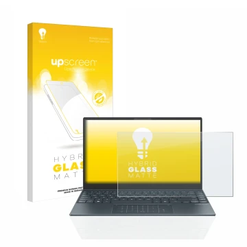 Parte frontal de un envase de producto con el logotipo de la marca upscreen. Al lado se muestra el dispositivo ASUS ZenBook 13