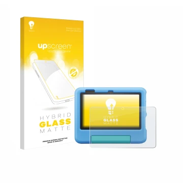 Parte frontal de un envase de producto con el logotipo de la marca upscreen. Al lado se muestra el dispositivo Amazon Fire 7 K